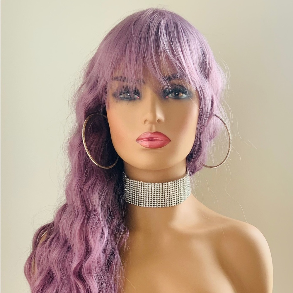 A Pretty Plum Purple “Put On & Go” Premium Fiber Wig w Bangs for Events/Cosplay💜